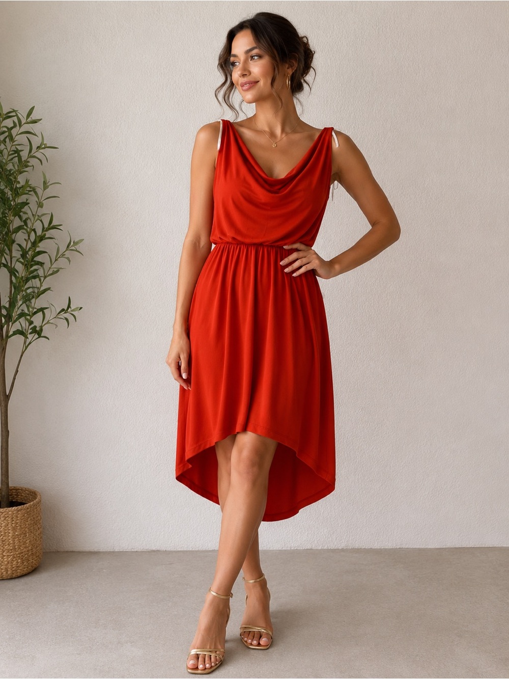 Enfocus Studio Red Cowl Neck High-Low Dress